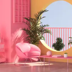 Różowy fotel i stolik w otoczeniu pastelowych ścian. Jasne, słoneczne światło podkreśla znaczenie kolorów w tej surrealistycznej, letniej scenie.