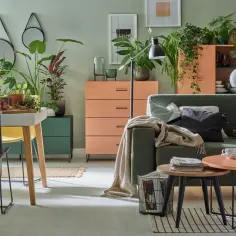Salon z zieloną kanapą, brzoskwiniowymi meblami i mnóstwem roślin. Ciepłe kolory ścian i mebli tworzą przytulną atmosferę.