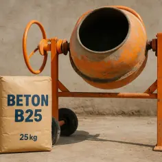 Pomarańczowa betoniarka i worek z napisem "BETON B25 25 kg". Idealne proporcje do budowy.