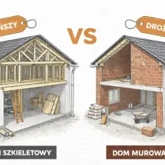 Porównanie budowy: dom szkieletowy (tańszy) vs. dom murowany (droższy). Ilustracja pokazuje przekroje obu budynków.