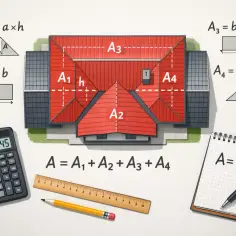 Ilustracja pokazuje, jak obliczyć powierzchnię dachu, dzieląc go na prostokąty i trójkąty. Obok domu znajdują się wzory matematyczne, kalkulator i przybory kreślarskie.