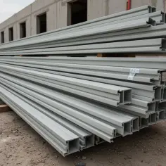 Stos profili aluminiowych gotowych do malowania, leżących na placu budowy.