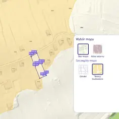 Mapa z zaznaczoną działką i wymiarami. Okno "Wybór mapy" z opcją "Tereny budowlane" pomoże sprawdzić, jak sprawdzić czy działka jest budowlana.