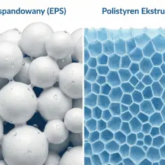 Porównanie styropianu ekspandowanego (EPS) i ekstrudowanego (XPS). Jaki styropian na fundament wybrać? EPS ma kulistą strukturę, XPS - regularne komórki.