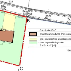 Plan działki rolnej z warunkami zabudowy, pokazujący projektowany budynek i teren zielony.