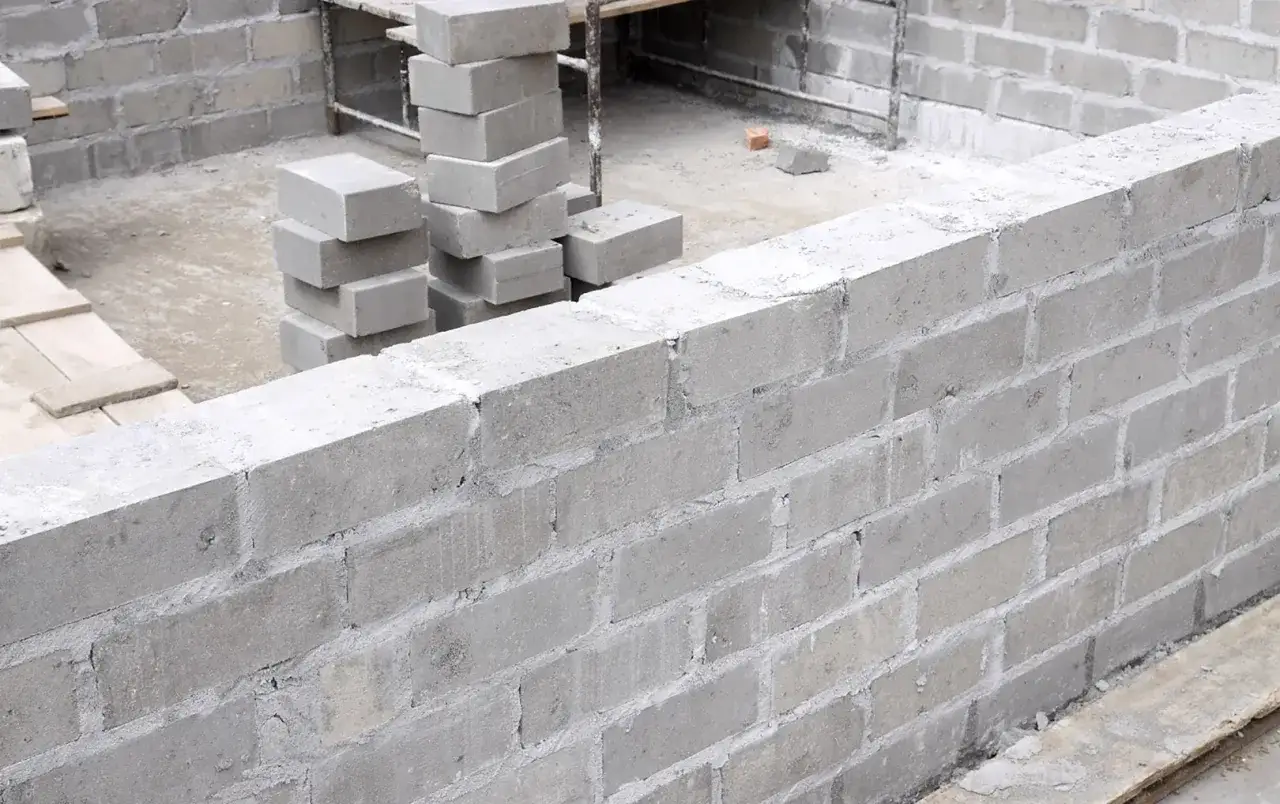 Budowa fundamentów z bloczków betonowych. Stos szarych bloczków betonowych fundamentowych czeka na użycie.