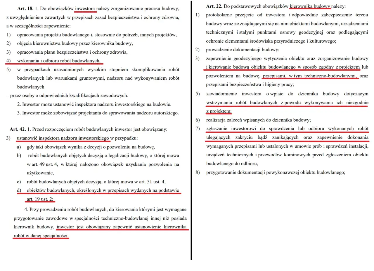 Tekst prawny omawia obowiązki inwestora, w tym ustanowienie inspektora nadzoru inwestorskiego.