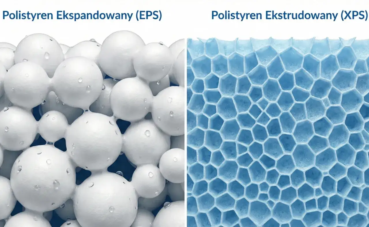 Porównanie styropianu ekspandowanego (EPS) i ekstrudowanego (XPS). Jaki styropian na fundament wybrać? EPS ma kulistą strukturę, XPS - regularne komórki.
