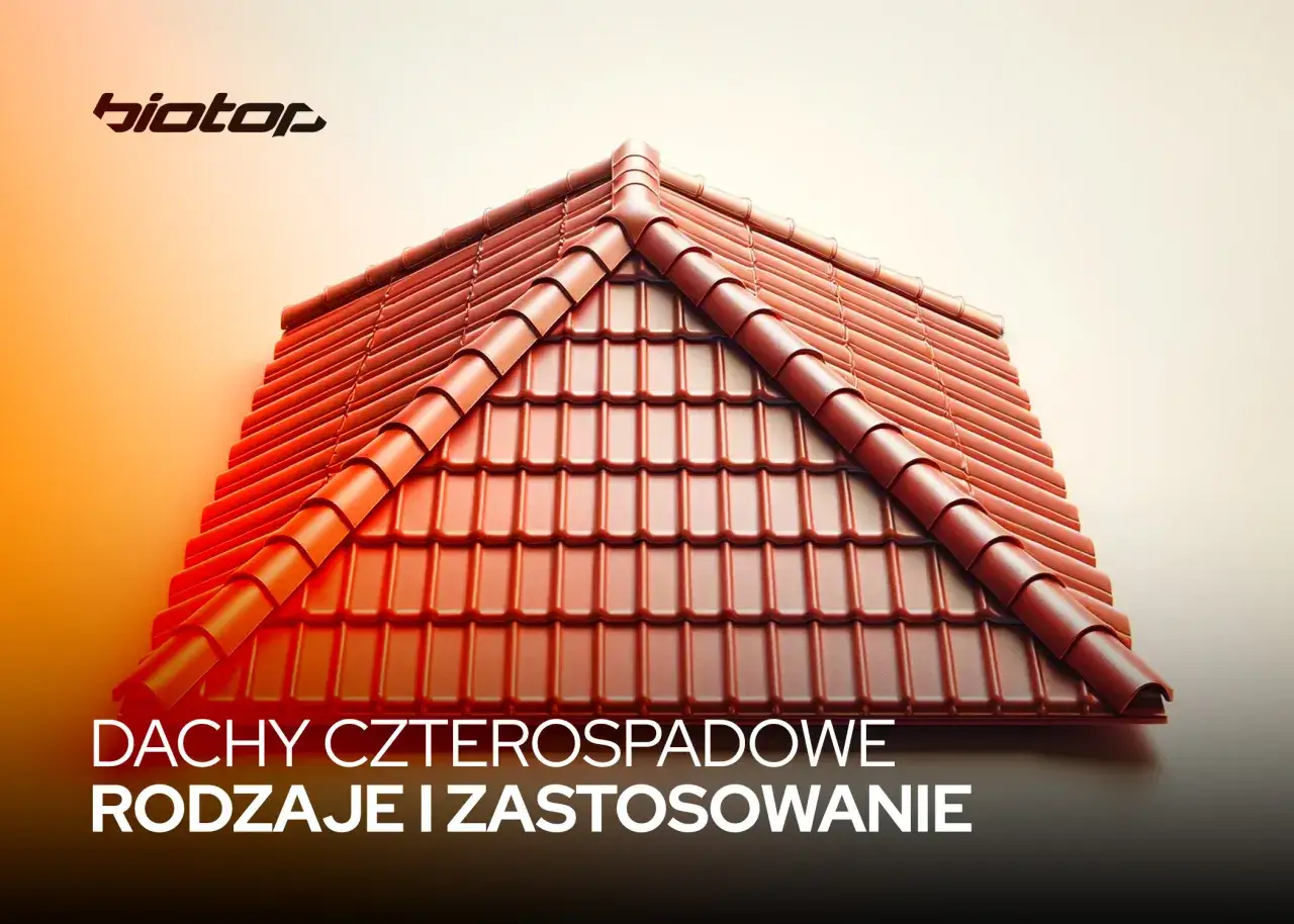 Nowoczesny dach czterospadowy konstrukcja z czerwonej dachówki. Logo 