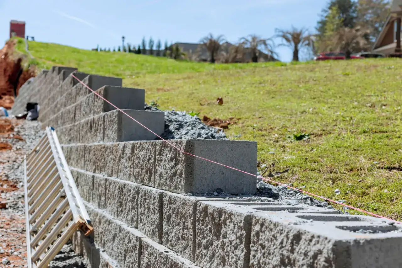 Budowa taniego murku oporowego z bloków betonowych. Widać drabinę i sznur geodezyjny.